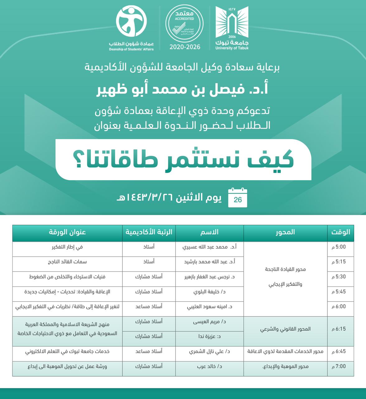 ​التعاون مع عمادة شؤون الطلاب (وحدة ذوي الإعاقة) بندوة بعنوان "كيف نستثمر طاقاتنا ؟محور القيادة الناجحة والتفكير الإيجابي أ.د محمد عبدالله عسيري ورقة عمل بعنوان "إطار التفكير ""أ.د عبدالله محمد بارشيد ورقة عمل بعنوان "سمات القائد الناجح "الموافق يوم الاثنين 26/ 3/ 1443الساعة 5-6​