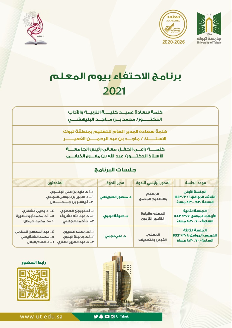 ​تمت المشاركة ببرنامج الاحتفاء بيوم المعلم 2021ندوة بعنوان " المعلم الفرص والتحديات بإدارة الندوة سعادة رئيس قسم التربية وعلم النفس د علي نجمي، وذلك يوم الخميس الموافق 8 /3/ 1443" الجلسة الثانية " الساعة 7 -8.30م المشاركون في الندوة :أ.د محمد عبدالله عسيري أ.د حميلة حمود البلوي  د عبدالعزيز العنزي  د عبدالمحسن السلمي  د محمد الشنقيطي د. إلهام سرور البلال ​