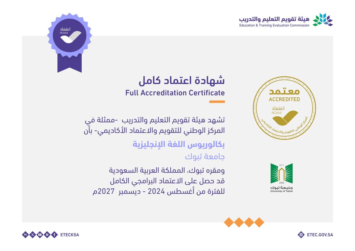 ​​​We congratulate all staff in the Department of Languages ​​and Translation for obtaining a full accreditation certificate from the National Center for Academic Accreditation and Evaluation for the English Language Program at Tabuk University