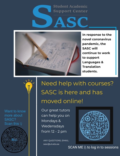 ​​Our Services:Tutoring: One-on-one tutoring is available for all English language skills (i.e., grammar, listening, speaking, reading and writing).One-on-one or small group tutoring is also available in most L&T courses. This includes courses such as phonetics, syntax, semantics, advanced grammar and essay writing. WritingSASC is here to help you at any stage of your writing assignment - from brainstorming, outlining, writing, and revising as well as citation of sources.Presentation Practice:Are you working on a speech or presentation? Are you using PowerPoint? Our great tutors can help you design a great PowerPoint presentation and/or practice your presentation while getting feedback from them.No appointment is needed. You can walk in during scheduled hours at your convenience. Location: We are located in building 18- HallHow to Prepare for a SASC visit:When planning to visit SASC, be sure to bring at least one copy of whatever it is you are working on. It could be any of the following materials:Course syllabusAssignment sheetsPowerPoint slides Notes from classOutlinesPrior drafts of your workPrinted copies of your workRubrics of assignment descriptionsRelated textbooks