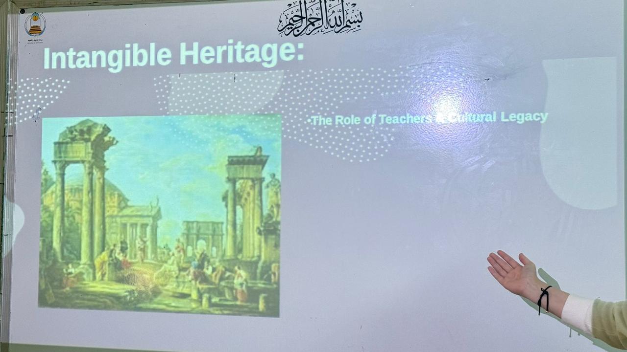 ​في إطار تفعيل اليوم العالمي للطلاب قام قسم اللغات والترجمة ممثلا في *د. مي محمد مصطفى* وعدد من الطالبات بزيارة المدرسة الثانوية الرابعة يوم الاثنين الموافق ١٨ نوفمبر ٢٠٢٤، وتقديم *ورشة عمل بعنوان: ( Intangible Heritage: The Role of*(. teachers & Cultural Legacyبدأت الورشة بإلقاء د. مي الضوء علي مفهوم "Cultural Heritage “، وأهمية دور الطالب و المعلم في نقل الإرث الثقافي عبر العصور، ثم عرضت الطالبات نماذج متعددة للإرث الثقافي وأنماطه، ثم ختمت الورشة بمسابقة وثقت فهم وتفاعل طالبات المدرسة، بحضور مديرة المدرسة و عدد من المدرسات.​​