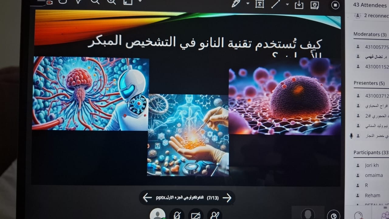 ​قدم طالبات قسم الاحياء بالكلية الجامعية بأملج من خلال فعاليات المجتمع التعليمى بأملج بالشراكة مع نادى املج الخضراء محاضرة بعنوان(تطبيقات النانوتكنولوجى فى مجال علم الاحياء) و استعرضن فيها كافة تطبيقات هذه التقنية المذهله فى مجال الطب الحيوى و تحسين جودة الغذاء و تنقية الماء و الهواء و تعزيز فرص الاستدامه البيئية و الحفاظ على مصادر الطاقه.كمان عرضن ايضا المخاطر و التحديات لتطبيق هذه التقنية. و فى الختام استعرضن الطالبات احدث ابتكارات هذه التقنيه فى المملكة العربية السعودية و خاصة السبق العلمى بوحدة النانو بكلية العلوم بجامعة تبوك.حضر اللقاء مجموعة من طالبات قسم الاحياء و عدد من اعضاء هيئة التدريس بكليات جامعة تبوك​