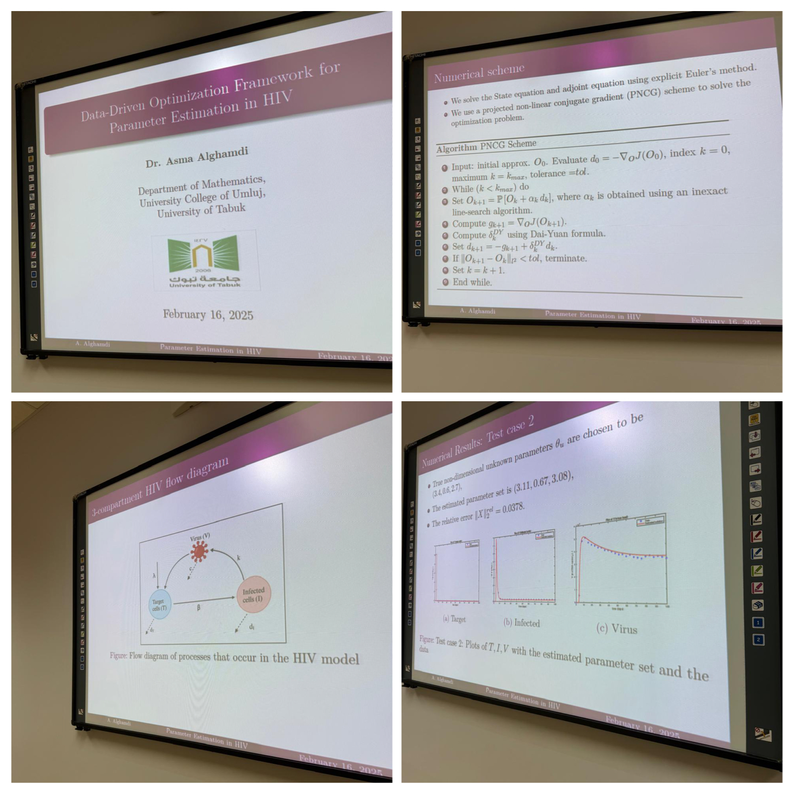 ​قدم قسم الرياضيات اليوم الاحد الموافق ١٧/٨/١٤٤٦ سمينار علمي بعنوان:Data-Driven Optimization Framework for Parameter Estimation in HIVقدمت السمينار مشكورة *د. أسماء الغامدي*بحضور مشرفة القسم وعدد من أعضاء هيئة التدريس.وقد تم مناقشة وتبادل الافكار والخبرات البحثية بين عضوات القسم.​